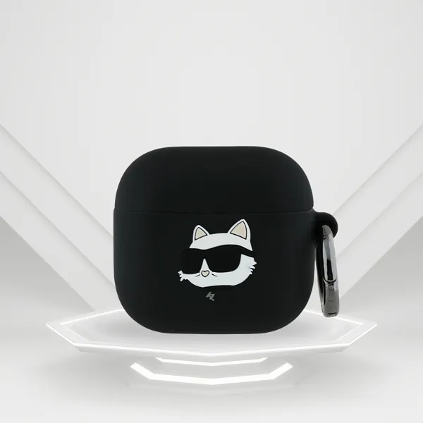 Karl Lagerfeld KLA4RUNCHK AirPods 4 must silikoonist kaitseümbris Choupette pea 3D