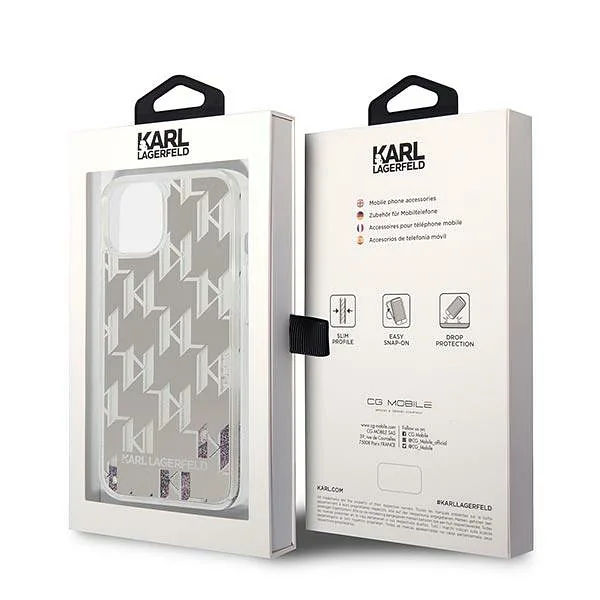 Karl Lagerfeld KLHCP14MLMNMS iPhone 14 Plus / 15 Plus 6,7″ kõvakate hõbedane Liquid Glitter Mon