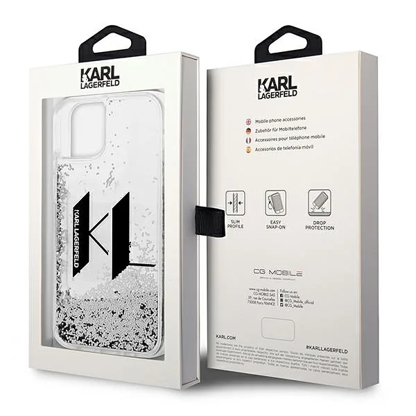 Karl Lagerfeld KLHCP14SLBKLCS iPhone 14/ 15 / 13 6,1″ hõbedane kõvakaaneline Liquid Glitter Big KL