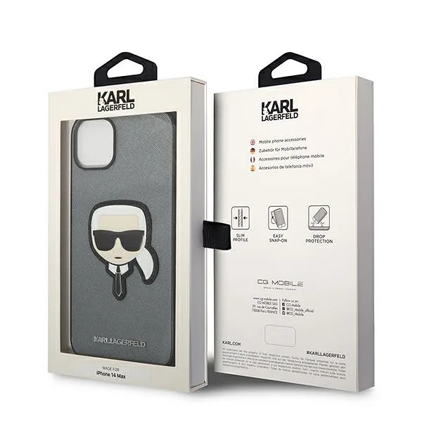Karl Lagerfeld KLHCP14SSAPKHG iPhone 14/ 15 / 13 6,1″ hõbedane kõvakaaneline Saffiano Karl`s Head P