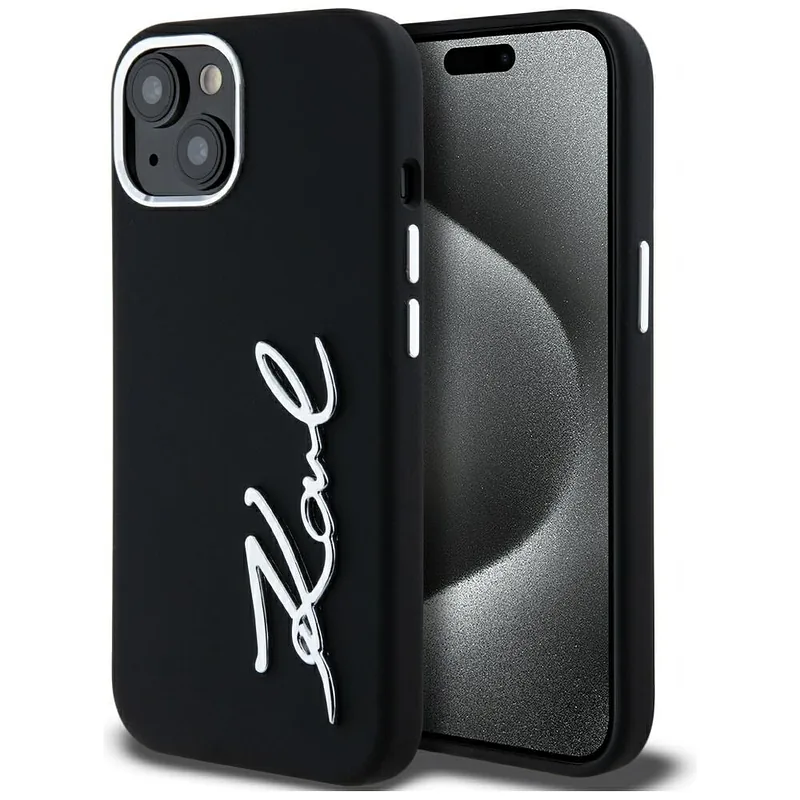 Karl Lagerfeldi silikoonist metallist logo ümbris iPhone 15-le must
