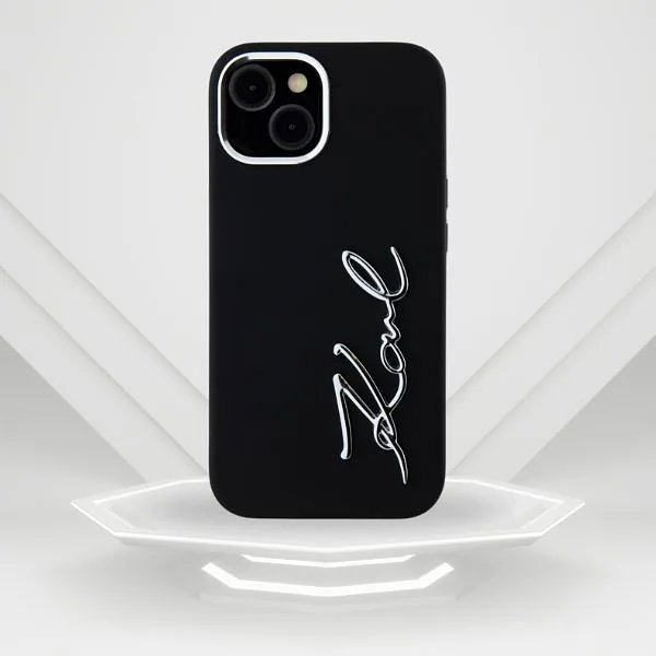 Karl Lagerfeldi silikoonist metallist logo ümbris iPhone 15-le must