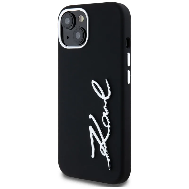 Karl Lagerfeldi silikoonist metallist logo ümbris iPhone 15-le must