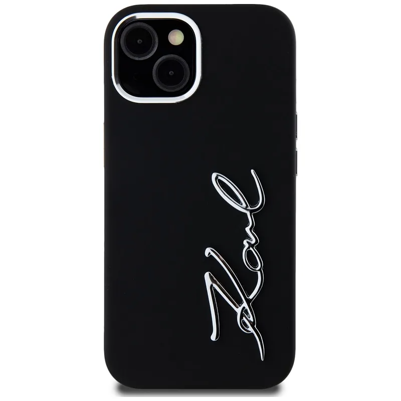Karl Lagerfeldi silikoonist metallist logo ümbris iPhone 15-le must