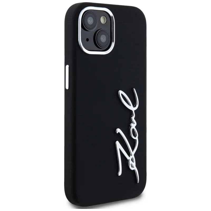 Karl Lagerfeldi silikoonist metallist logo ümbris iPhone 15-le must