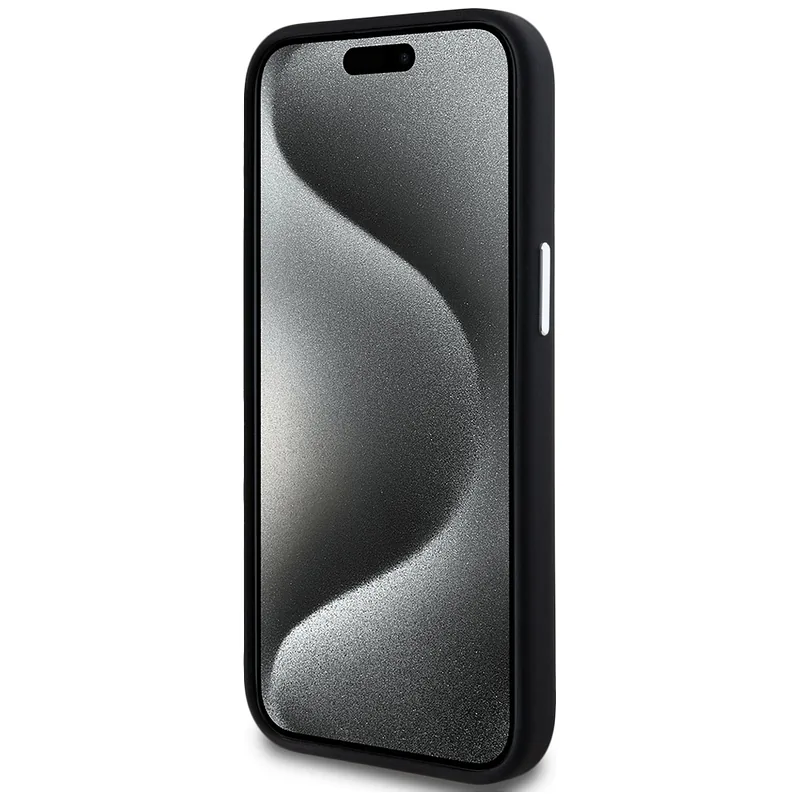 Karl Lagerfeldi silikoonist metallist logo ümbris iPhone 15-le must