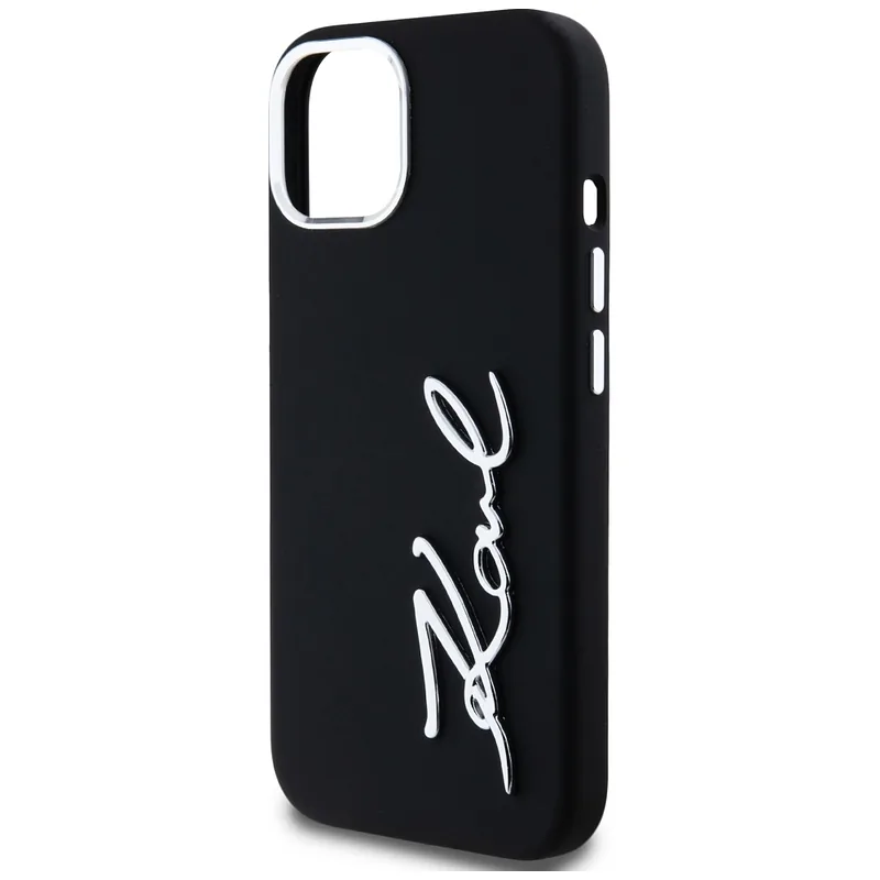 Karl Lagerfeldi silikoonist metallist logo ümbris iPhone 15-le must