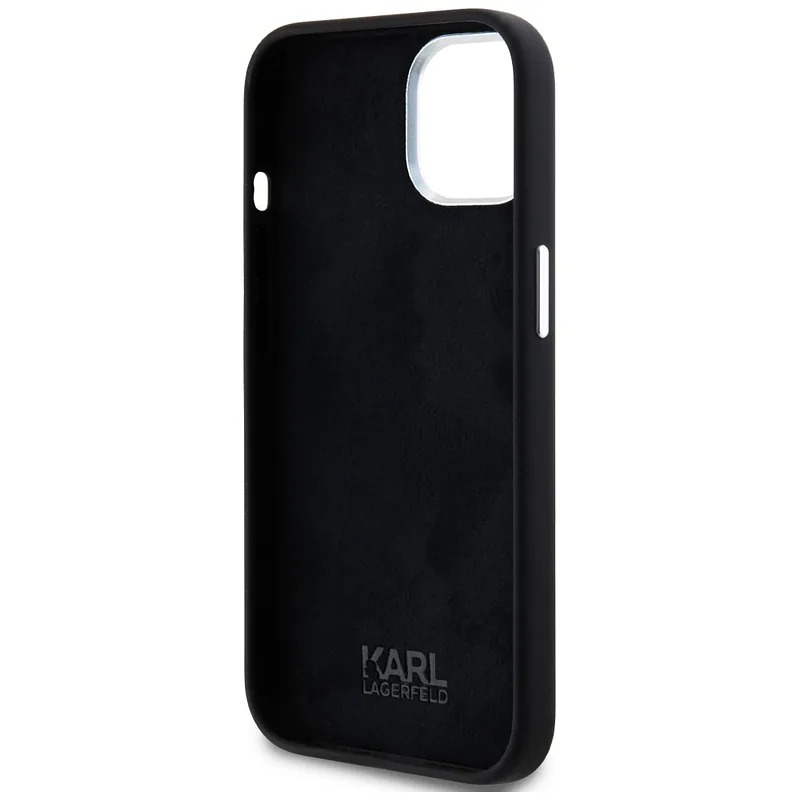 Karl Lagerfeldi silikoonist metallist logo ümbris iPhone 15-le must
