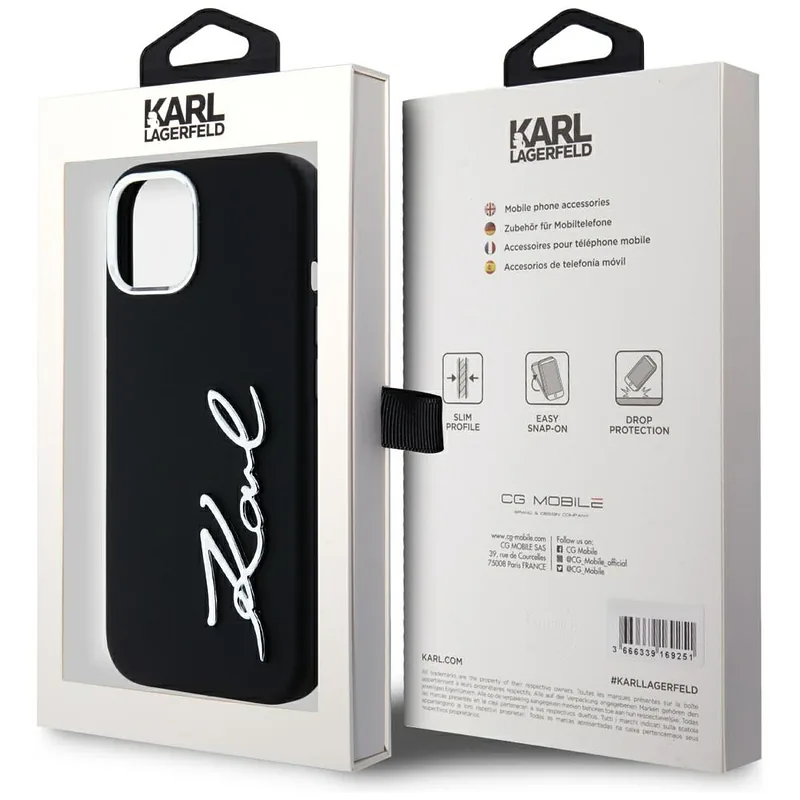 Karl Lagerfeldi silikoonist metallist logo ümbris iPhone 15-le must