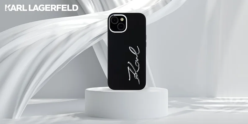 Karl Lagerfeldi silikoonist metallist logo ümbris iPhone 15-le must