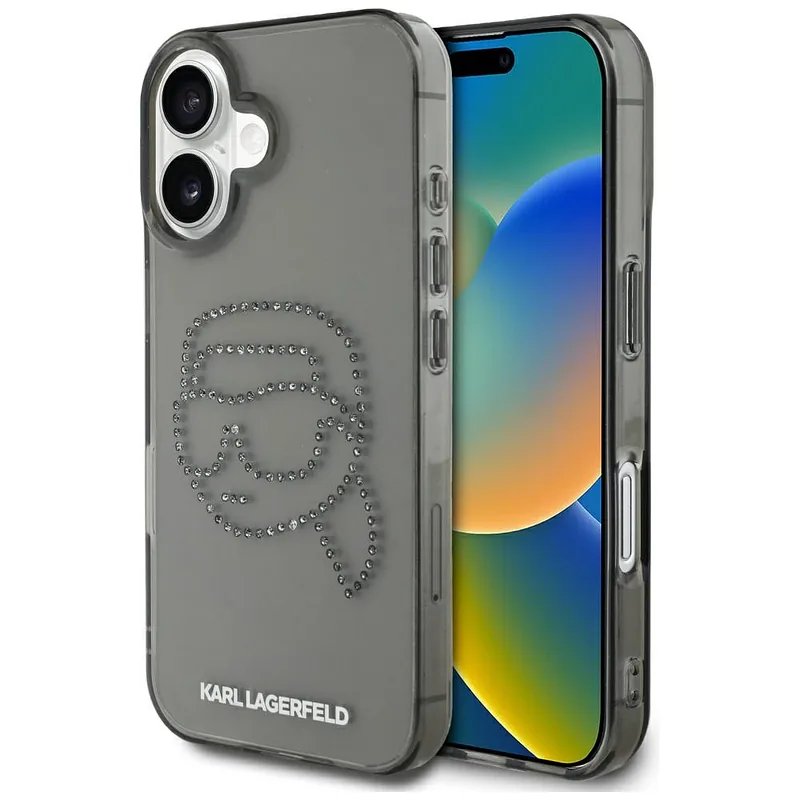 Karl Lagerfeld IML Rhinestones Karl Head kaitseümbris iPhone 16-le must