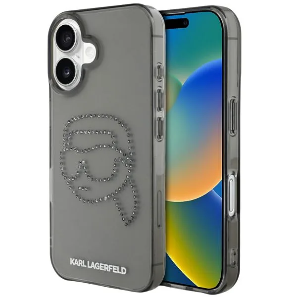 Karl Lagerfeld IML Rhinestones Karl Head kaitseümbris iPhone 16-le must