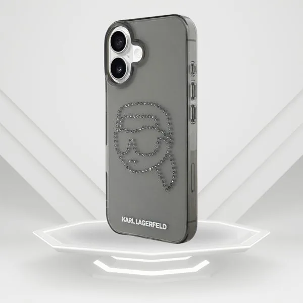 Karl Lagerfeld IML Rhinestones Karl Head kaitseümbris iPhone 16-le must