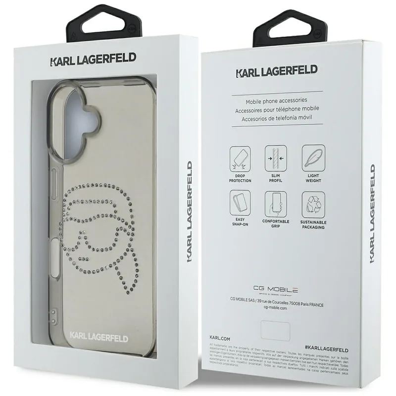 Karl Lagerfeld IML Rhinestones Karl Head kaitseümbris iPhone 16-le must