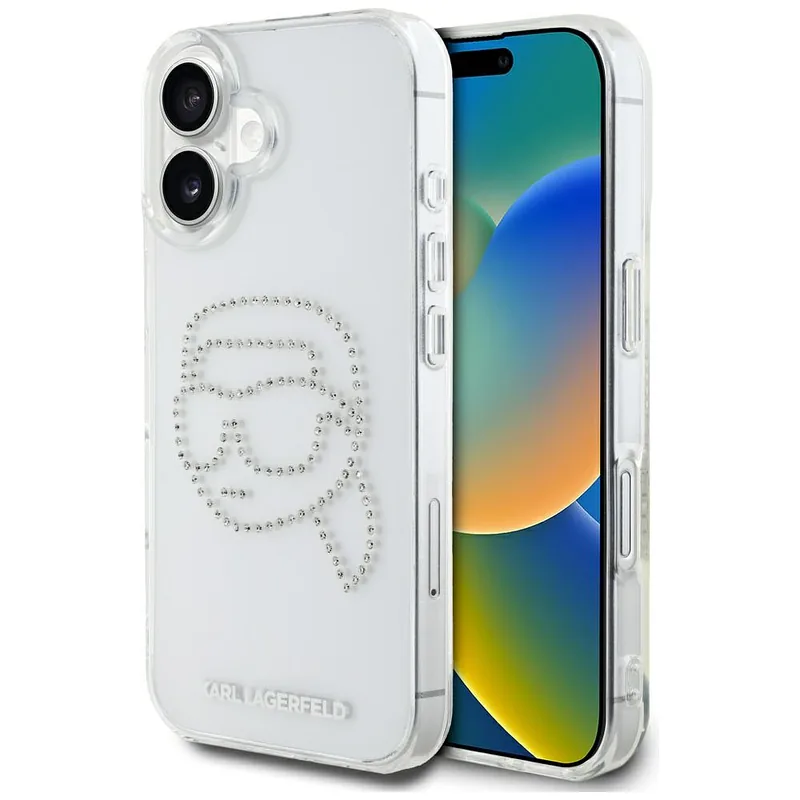 Karl Lagerfeld IML Rhinestones Karl Head ümbris iPhone 16 jaoks läbipaistev