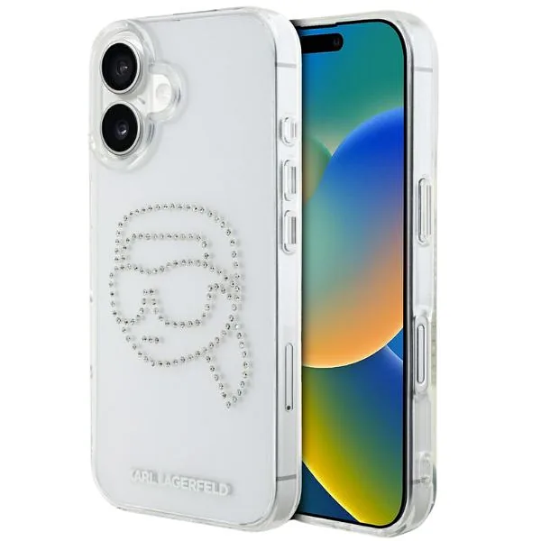 Karl Lagerfeld IML Rhinestones Karl Head ümbris iPhone 16 jaoks läbipaistev