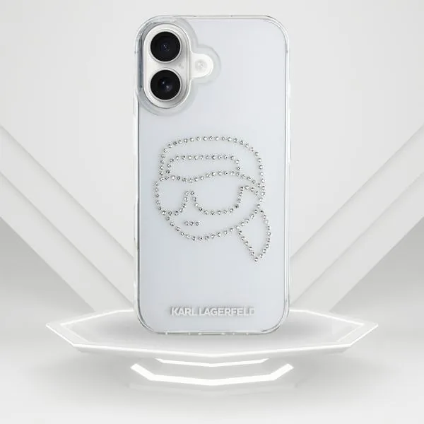 Karl Lagerfeld IML Rhinestones Karl Head ümbris iPhone 16 jaoks läbipaistev