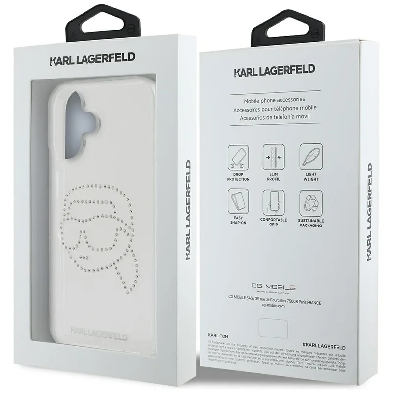 Karl Lagerfeld IML Rhinestones Karl Head ümbris iPhone 16 jaoks läbipaistev