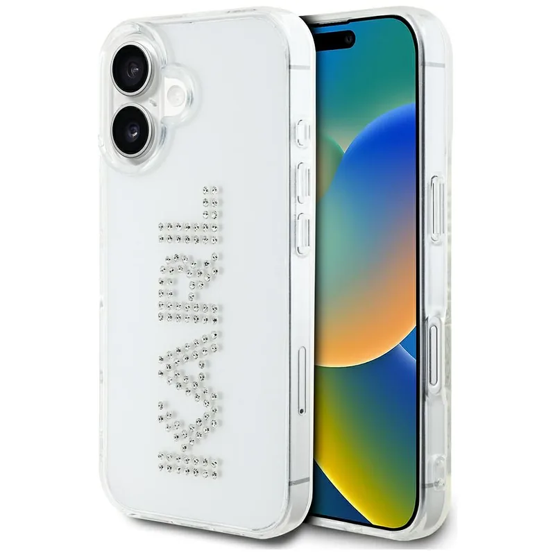 Karl Lagerfeld IML Rhinestones Logo ümbris iPhone 16 jaoks läbipaistev