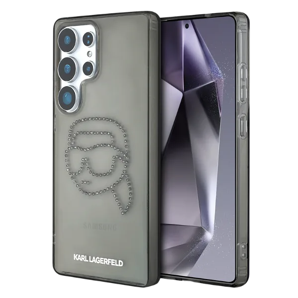Karl Lagerfeldi peaga logo kivikestega ümbris Samsung Galaxy S25 Ultra must