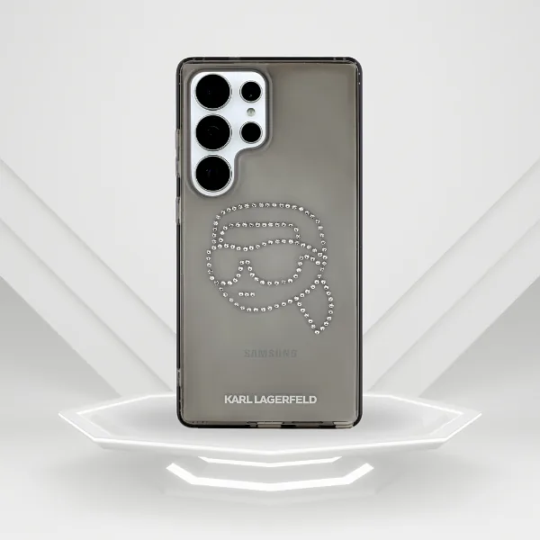 Karl Lagerfeldi peaga logo kivikestega ümbris Samsung Galaxy S25 Ultra must