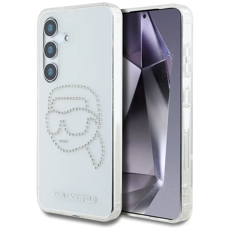Karl Lagerfeldi peaga logo kivikestega kaitseümbris Samsung Galaxy S25 jaoks, läbipaistev