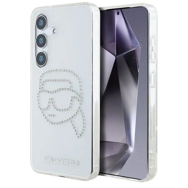 Karl Lagerfeldi peaga logo kivikestega kaitseümbris Samsung Galaxy S25 jaoks, läbipaistev