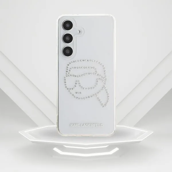 Karl Lagerfeldi peaga logo kivikestega kaitseümbris Samsung Galaxy S25 jaoks, läbipaistev