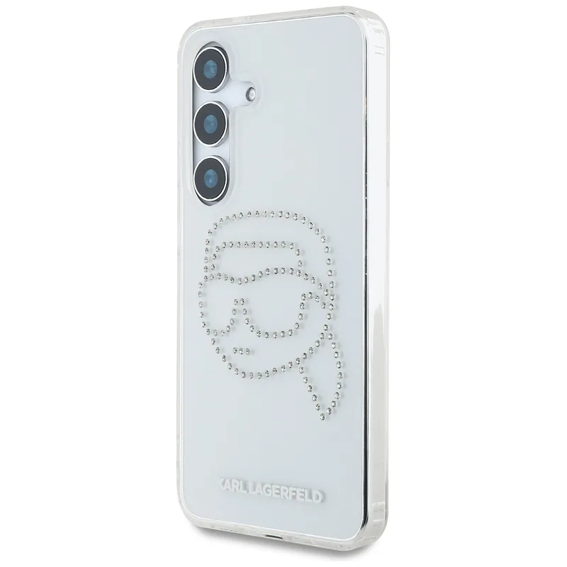 Karl Lagerfeldi peaga logo kivikestega kaitseümbris Samsung Galaxy S25 jaoks, läbipaistev