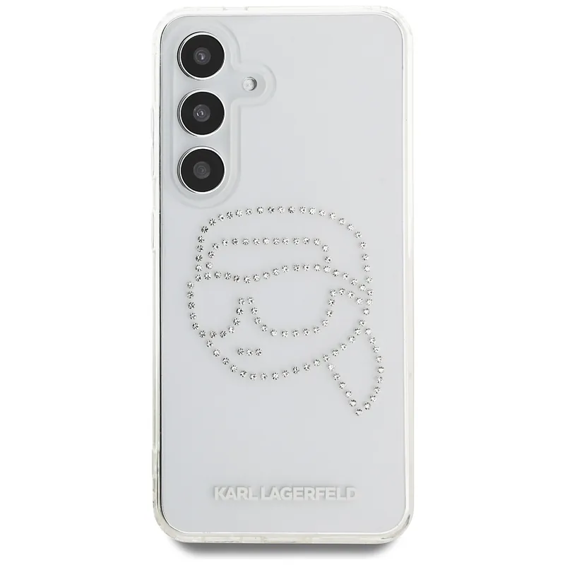 Karl Lagerfeldi peaga logo kivikestega kaitseümbris Samsung Galaxy S25 jaoks, läbipaistev