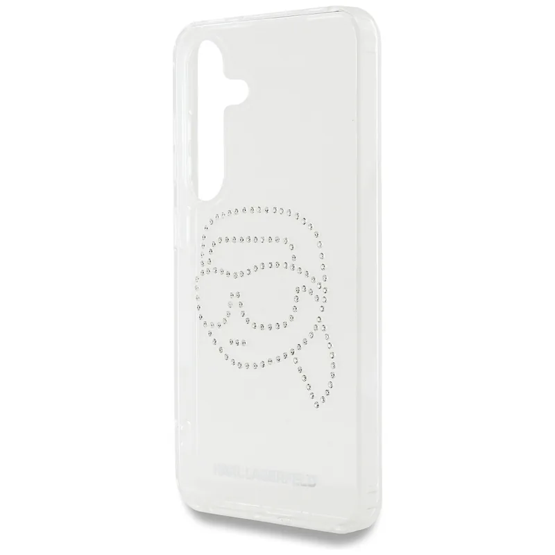 Karl Lagerfeldi peaga logo kivikestega kaitseümbris Samsung Galaxy S25 jaoks, läbipaistev
