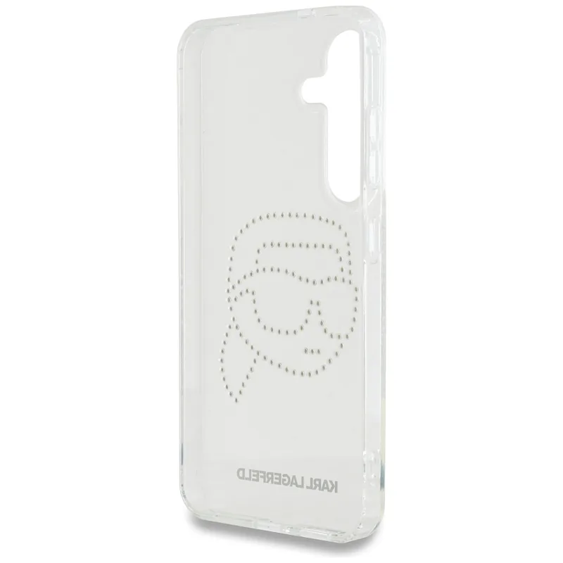 Karl Lagerfeldi peaga logo kivikestega kaitseümbris Samsung Galaxy S25 jaoks, läbipaistev