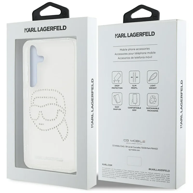 Karl Lagerfeldi peaga logo kivikestega kaitseümbris Samsung Galaxy S25 jaoks, läbipaistev