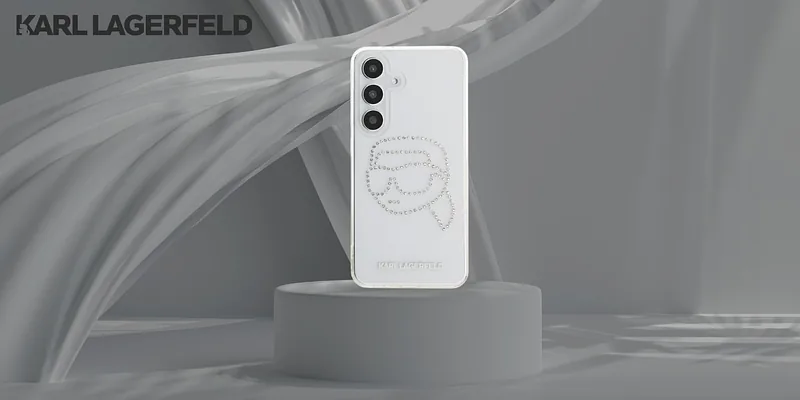 Karl Lagerfeldi peaga logo kivikestega kaitseümbris Samsung Galaxy S25 jaoks, läbipaistev
