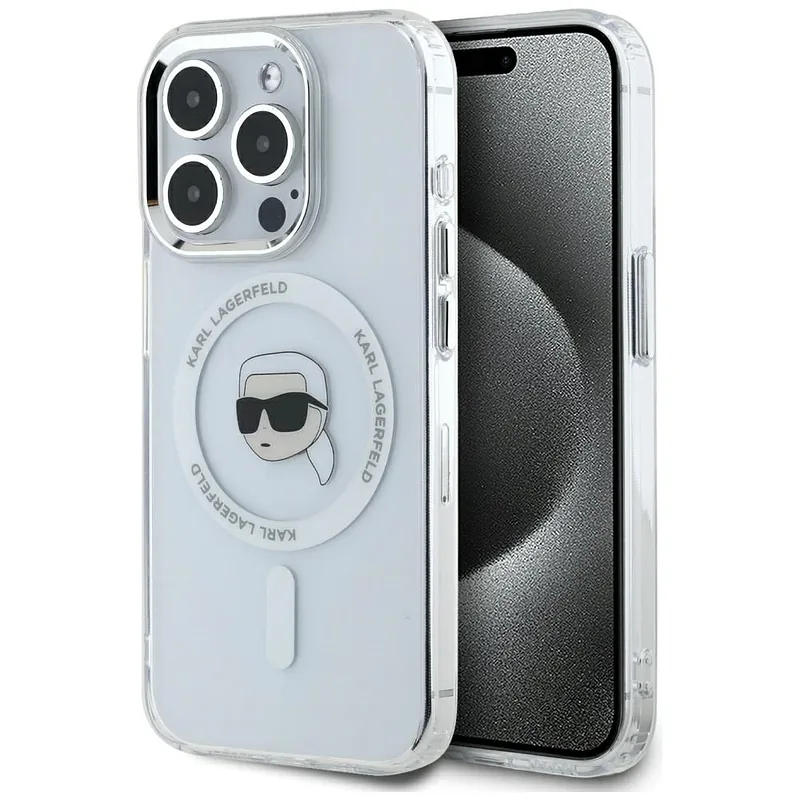 Karl Lagerfeld IML Metal Karl Head MagSafe ümbris iPhone 15 Pro valge