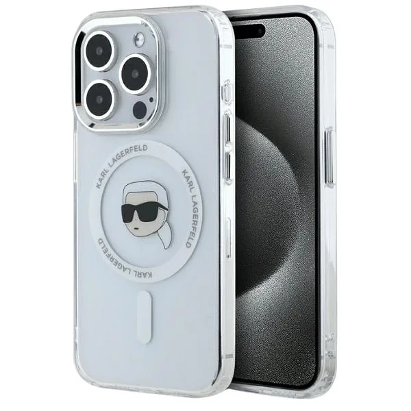 Karl Lagerfeld IML Metal Karl Head MagSafe ümbris iPhone 15 Pro valge