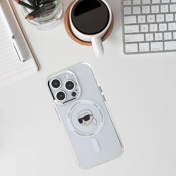 Karl Lagerfeld IML Metal Karl Head MagSafe ümbris iPhone 15 Pro valge