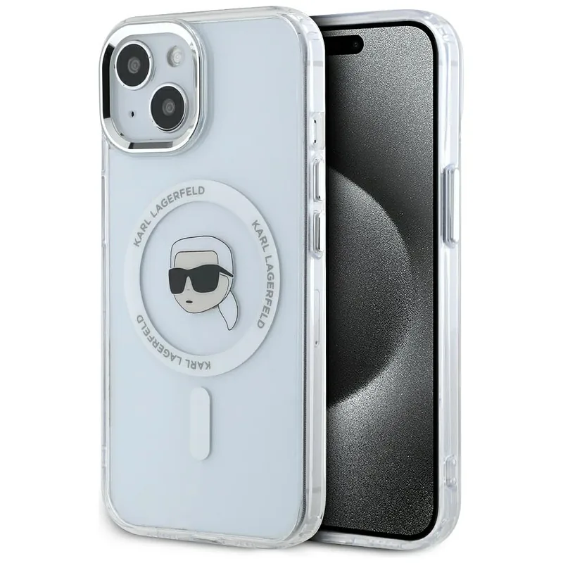 Karl Lagerfeld IML Metal Karl Head MagSafe ümbris iPhone 15 jaoks valge
