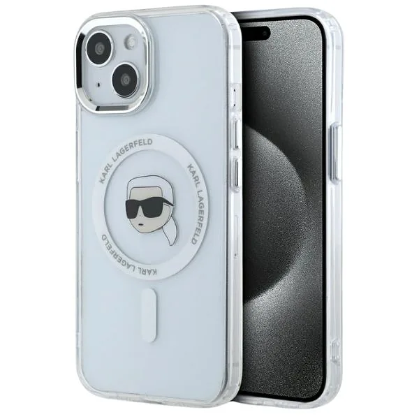 Karl Lagerfeld IML Metal Karl Head MagSafe ümbris iPhone 15 jaoks valge