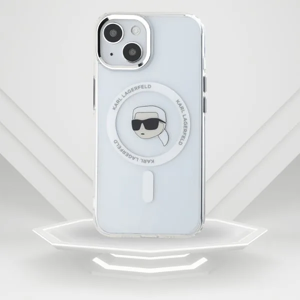 Karl Lagerfeld IML Metal Karl Head MagSafe ümbris iPhone 15 jaoks valge