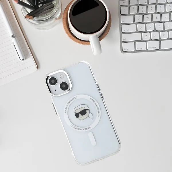 Karl Lagerfeld IML Metal Karl Head MagSafe ümbris iPhone 15 jaoks valge