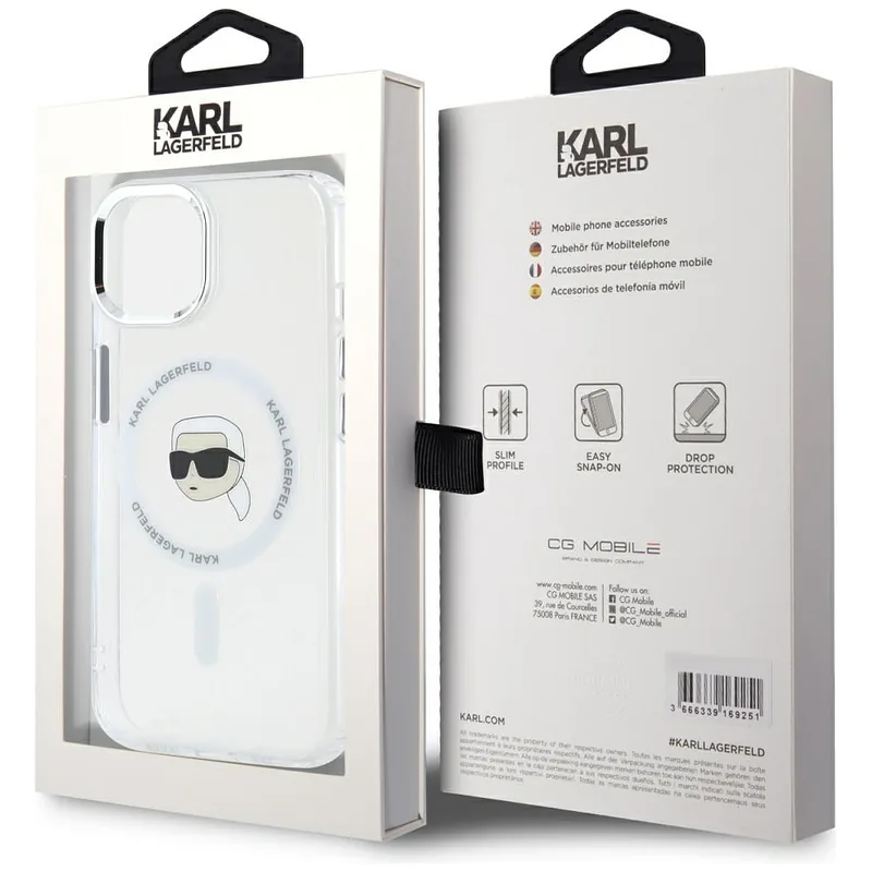 Karl Lagerfeld IML Metal Karl Head MagSafe ümbris iPhone 15 jaoks valge