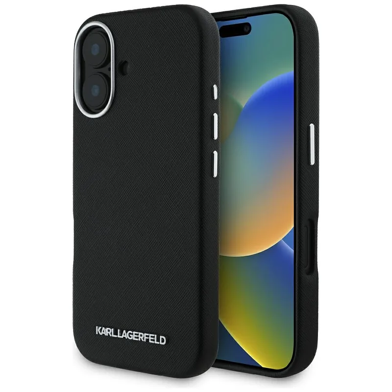 Karl Lagerfeld Saffiano täisümbrisega pikendatud metallist logo MagSafe ümbris iPhone 16-le must