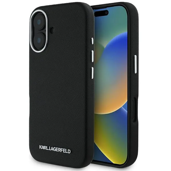 Karl Lagerfeld Saffiano täisümbrisega pikendatud metallist logo MagSafe ümbris iPhone 16-le must