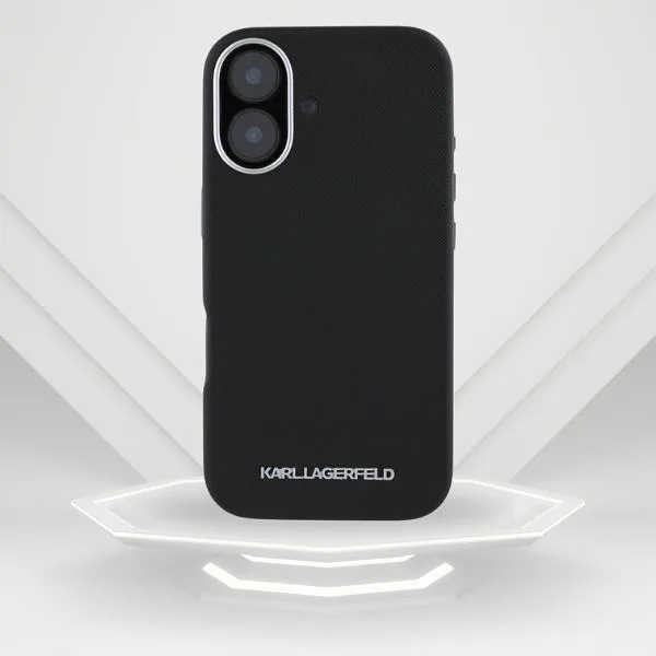 Karl Lagerfeld Saffiano täisümbrisega pikendatud metallist logo MagSafe ümbris iPhone 16-le must