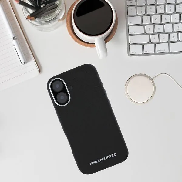 Karl Lagerfeld Saffiano täisümbrisega pikendatud metallist logo MagSafe ümbris iPhone 16-le must