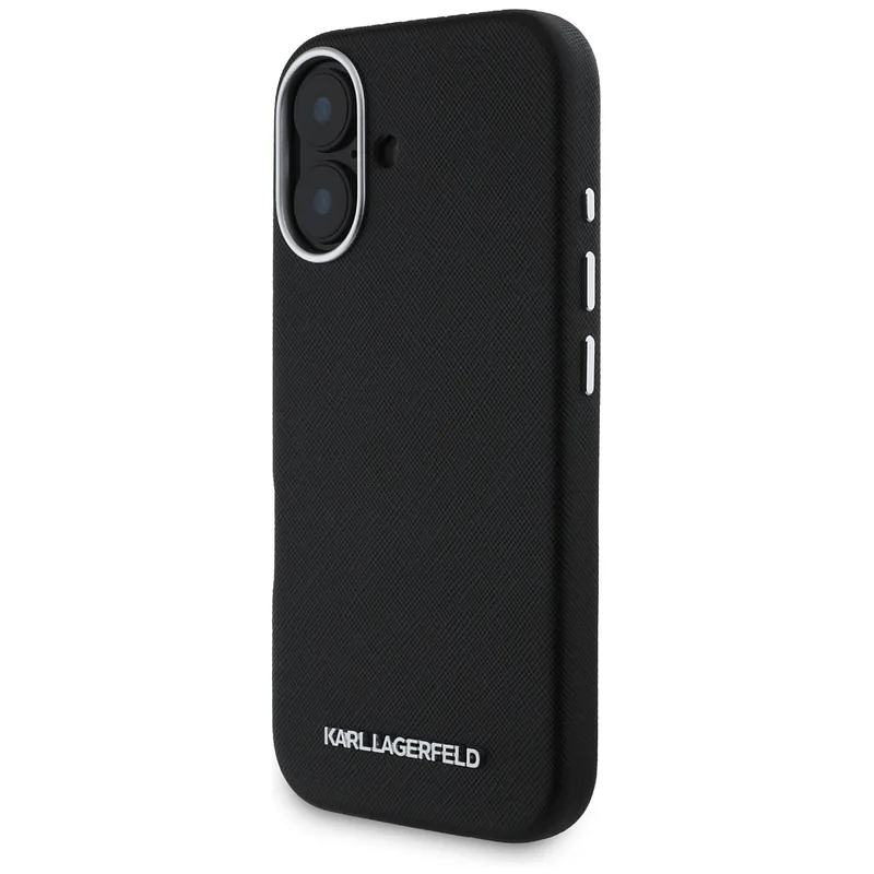 Karl Lagerfeld Saffiano täisümbrisega pikendatud metallist logo MagSafe ümbris iPhone 16-le must