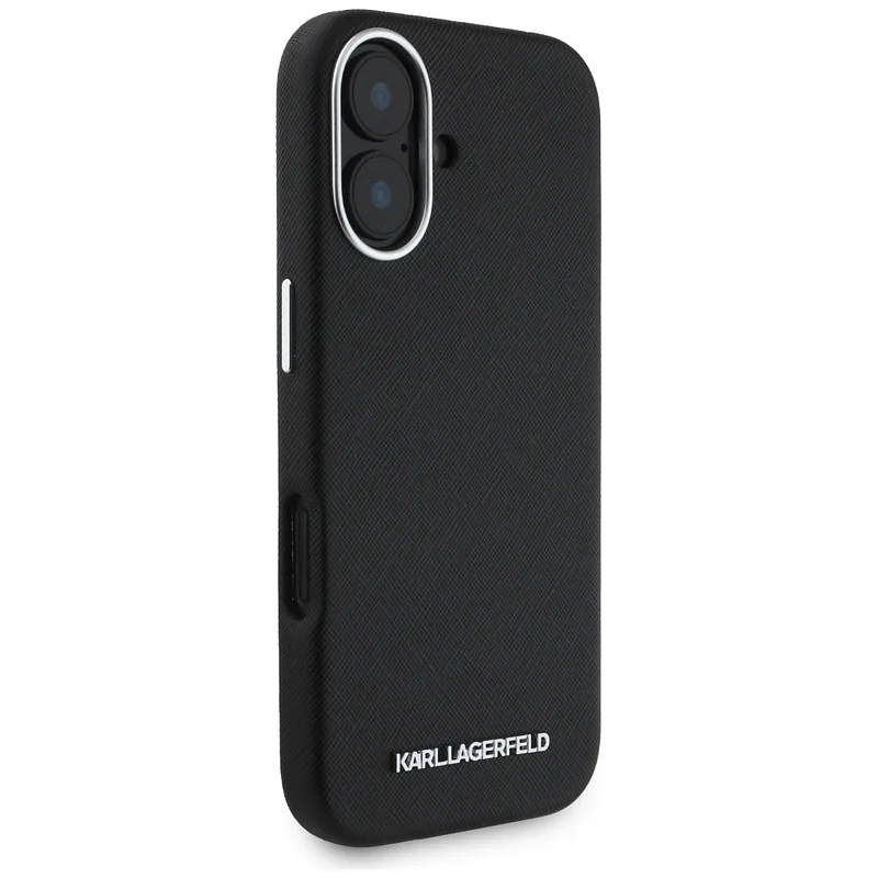 Karl Lagerfeld Saffiano täisümbrisega pikendatud metallist logo MagSafe ümbris iPhone 16-le must