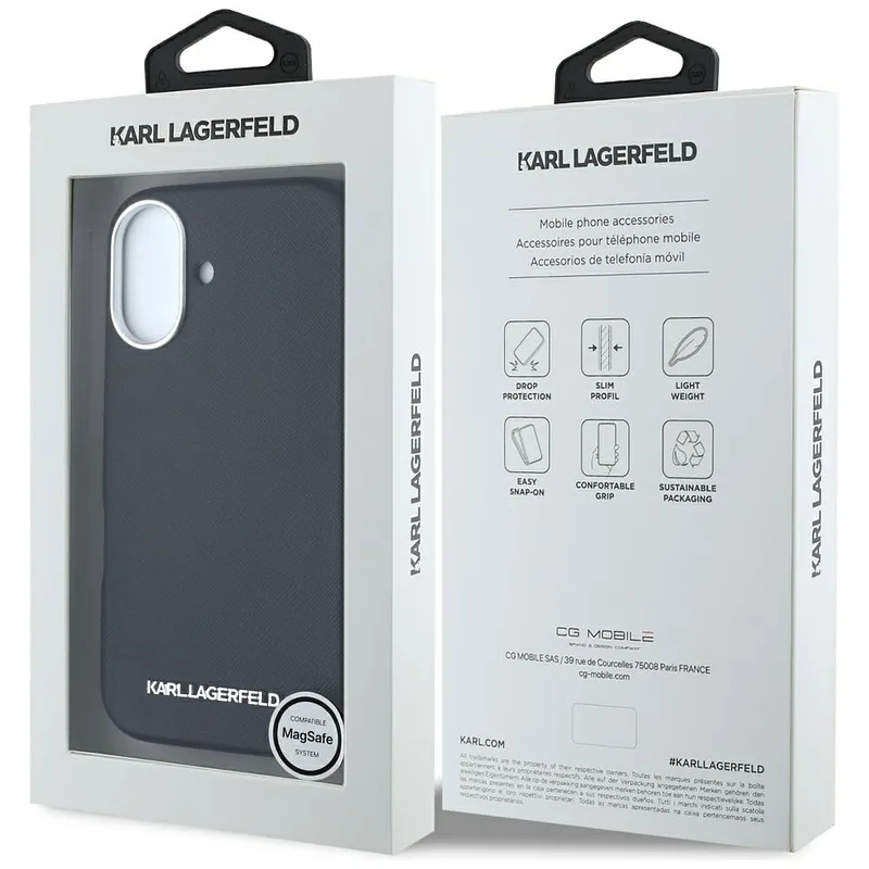 Karl Lagerfeld Saffiano täisümbrisega pikendatud metallist logo MagSafe ümbris iPhone 16-le must