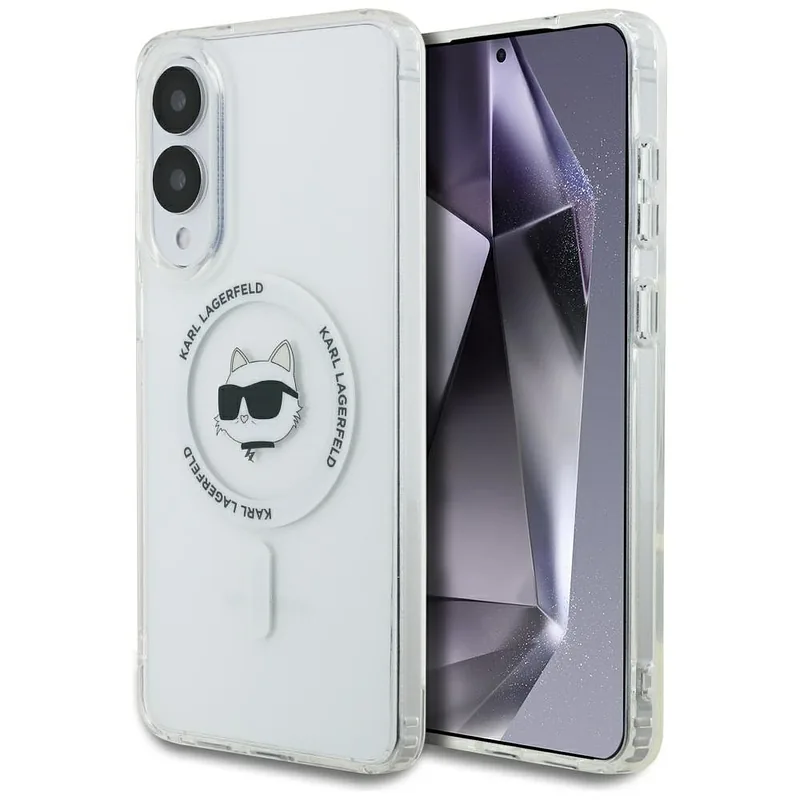 Karl Lagerfeld Button Choupette Pea Trükitud Logo MagSafe kaitse Samsung Galaxy S25 Edge valge